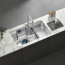 ARNO BN30011 BN40011 stainless steel square kitchen sink with tap and accessories on marble countertop