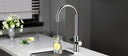 ARNO Digital 5 in 1 Tap with touch screen, chrome finish, running water into glass in modern kitchen