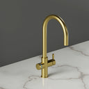 ARNO Halo 6 in 1 boiling water tap brushed gold with blue LED ring indicating filtered chilled water side view