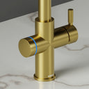 ARNO Halo 6 in 1 boiling water tap brushed gold close up blue LED ring indicating filtered chilled water