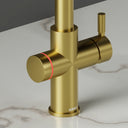 ARNO Halo 6 in 1 boiling water tap brushed gold close up red LED ring indicating filtered boiling water