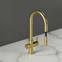 ARNO Halo 6 in 1 hot water tap brushed gold side view with pull out spray head green LED filtered cold water
