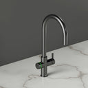 ARNO Halo brushed gunmetal hot water tap green LED halo ring side view on marble countertop