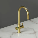 ARNO Halo 6 in 1 sparkling water tap brushed gold with cyan LED ring indicating filtered sparkling chilled water side view