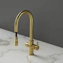 RNO Halo 6 in 1 sparkling water tap brushed gold rear view with pull out spray head on marble countertop