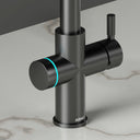 ARNO Halo 6 in 1 sparkling water tap brushed gunmetal close up cyan LED ring indicating filtered sparkling chilled water