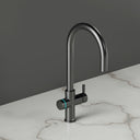 ARNO Halo 6 in 1 sparkling water tap brushed gunmetal with cyan LED ring indicating filtered sparkling chilled water side view