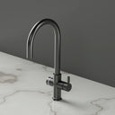 ARNO Halo brushed gunmetal instant boiling water tap rear view on marble countertop standby mode