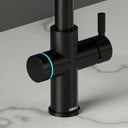 ARNO Halo sparkling water tap matte black close up cyan LED ring indicating filtered sparkling chilled water