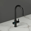 ARNO Halo sparkling water tap matte black with cyan LED ring indicating filtered sparkling chilled water side view