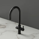 ARNO Halo matt black instant boiling water tap rear view on marble countertop standby mode